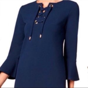 NWT navy lace up dress with bell sleeve | M